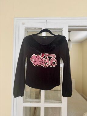 Miss Sixty Black Long Sleeve Top with Faux Fur Collar and Pink Graphic
